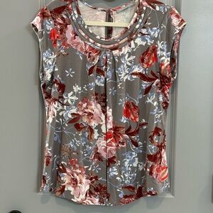 Daniel Rainn Taupe Floral Cap-Sleeve Blouse with Red and Blue Accents